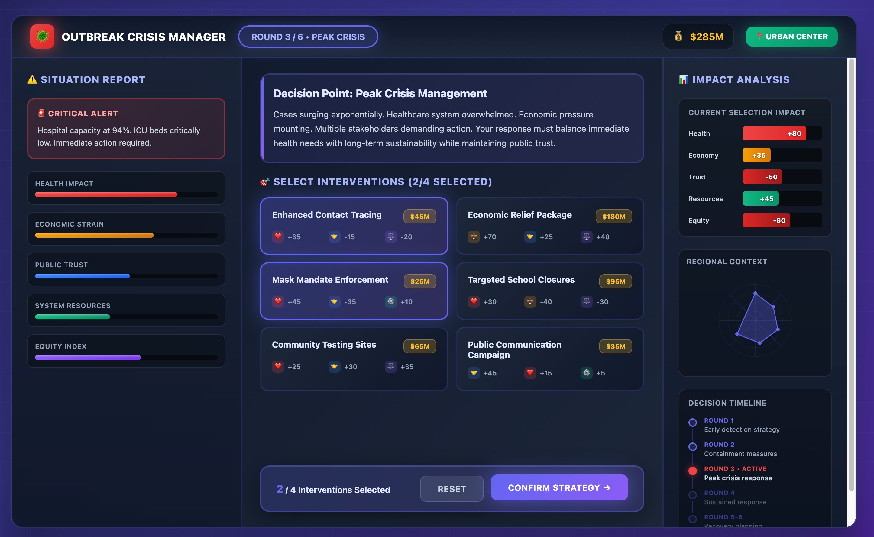 Strategic Outbreak Response Simulation interface showing decision point at peak crisis