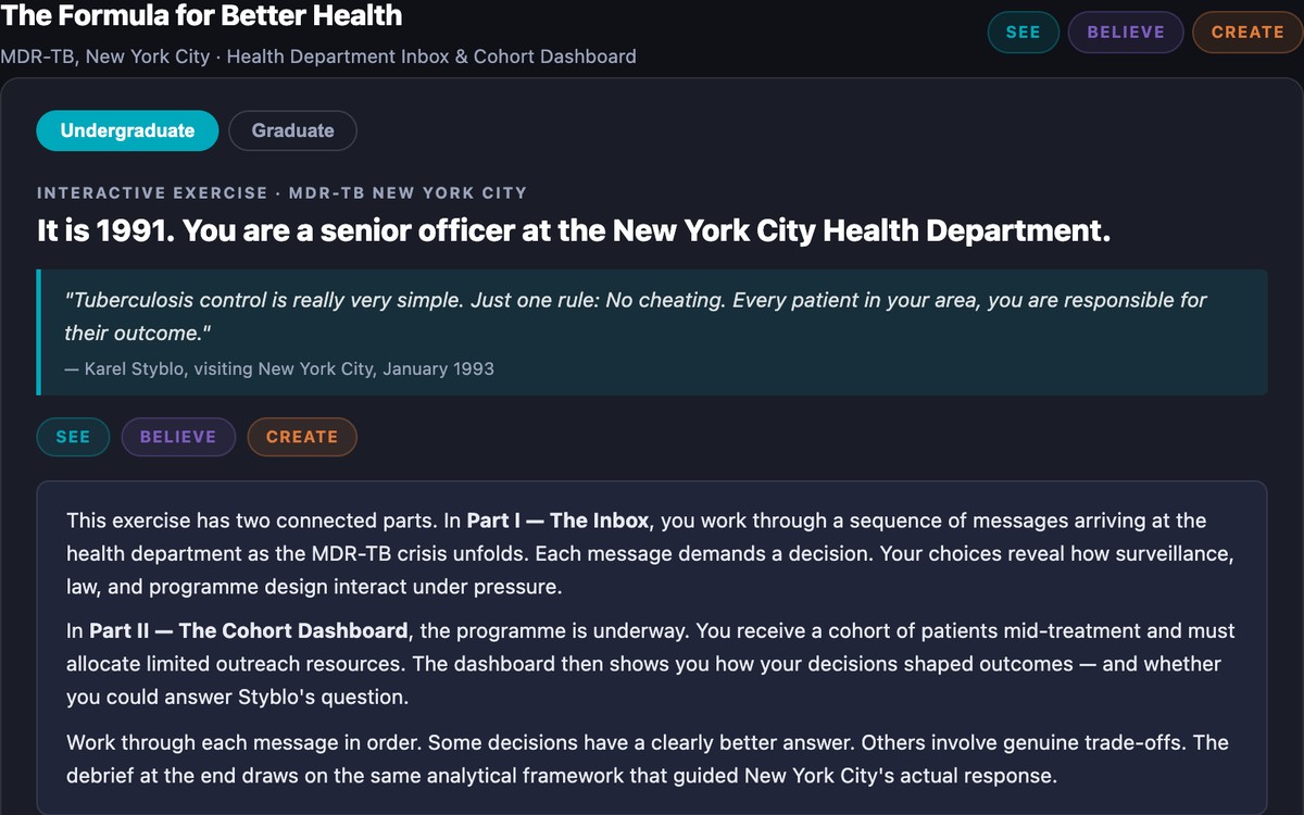One exercise in the series: the MDR-TB New York City scenario, opening on 'It is 1991. You are a senior officer at the New York City Health Department,' with undergraduate and graduate modes and a two-part inbox and cohort dashboard structure.
