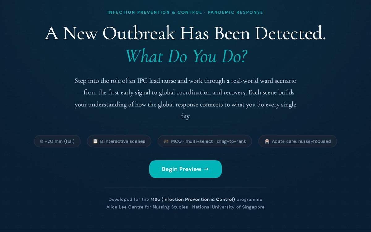 The ward simulation opening screen: 'A New Outbreak Has Been Detected. What Do You Do?' with chips showing 20 minutes, 8 interactive scenes, MCQ and drag-to-rank formats, and a nurse-focused acute care setting.